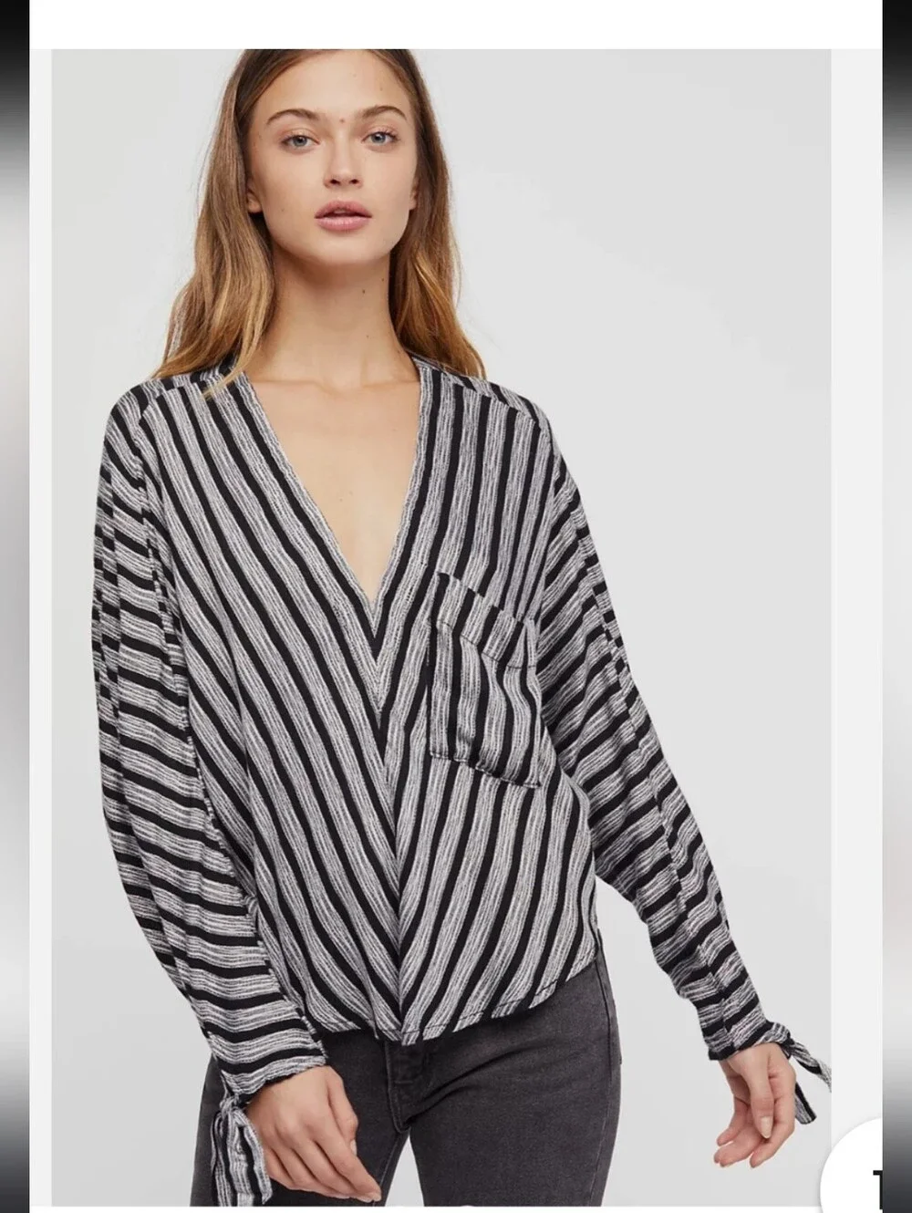 Free People Long Sleeve V Neck Shirt Tie Sleeve Boho Slouchy Grunge Sz XS